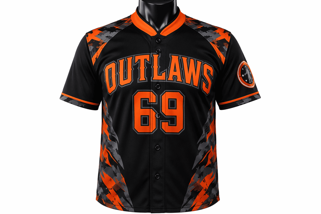 Men's softball jersey black with electric orange geometric camo shoulder panels — custom heavyweight durable full-button team uniform for men's competitive slowpitch tournaments and adult leagues
