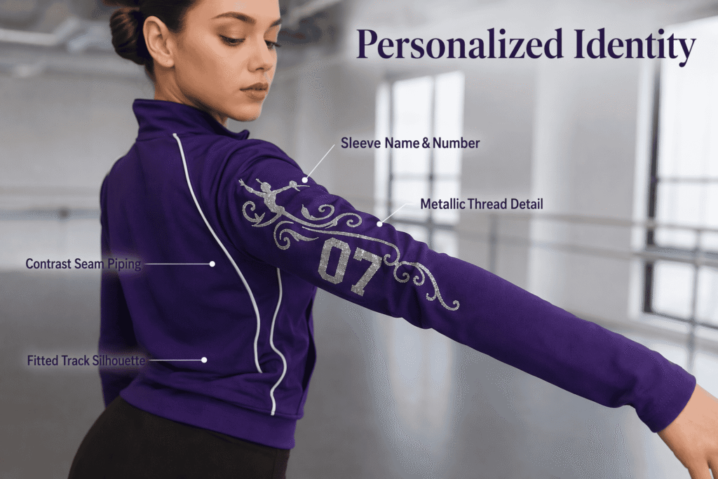 Deep purple dance team jacket with personalized sleeve name and number embroidery in metallic silver thread, contrast piping, and fitted track silhouette — custom individualized team outerwear for dance crews and competition teams