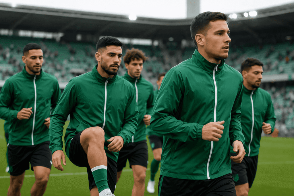 Soccer team wearing green training jackets with white contrast zippers doing pre-match warmup drills on pitch sideline — custom team jackets for football clubs and match-day warmups