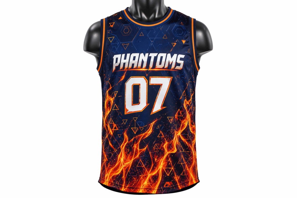 Full sublimation printed basketball jersey dark navy with orange and yellow flame graphic all-over design — custom fully personalized sublimated basketball uniform with unlimited colors for AAU elite and tournament teams