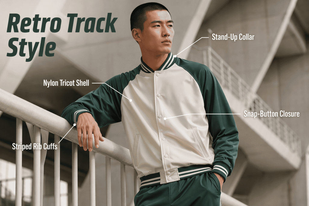 Retro track jacket with contrast raglan sleeves in forest green and cream white, nylon tricot shell, snap-button closure, and striped rib cuffs — custom vintage teamwear for schools and multi-sport programs