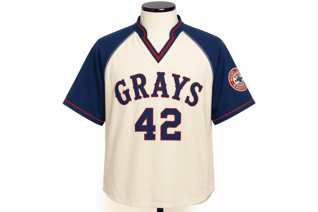 Vintage pullover baseball jersey cream off-white with royal blue raglan sleeves and contrast v-neck tipping — custom old-school throwback team uniform for recreational leagues tournament teams and fan apparel