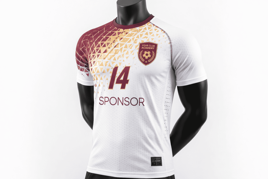 Modern academy soccer jersey white with burgundy and gold geometric gradient triangle pattern — custom premium jacquard texture team uniform with laser-cut ventilation for soccer academies and elite youth development programs