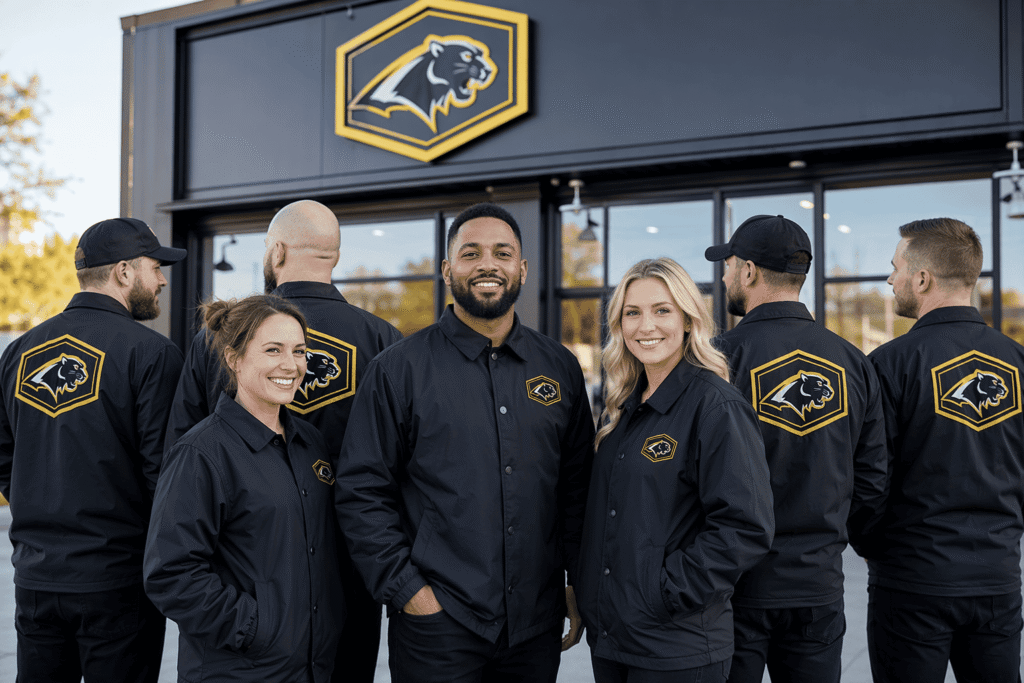 Franchise team in black coach-style jackets with embroidered brand logo and name badges in front of franchise storefront — custom franchise team jackets for branded retail and multi-location businesses