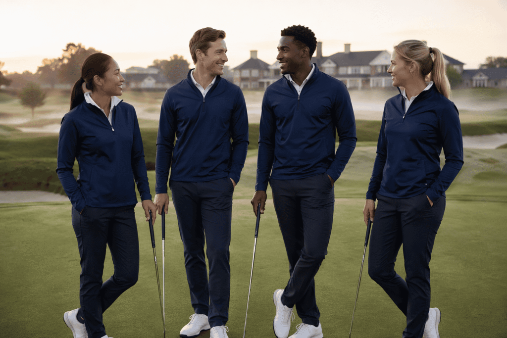 Golf team in navy blue lightweight team jackets standing together on putting green at sunrise with clubhouse backdrop — custom team jackets for golf clubs and off-field branding