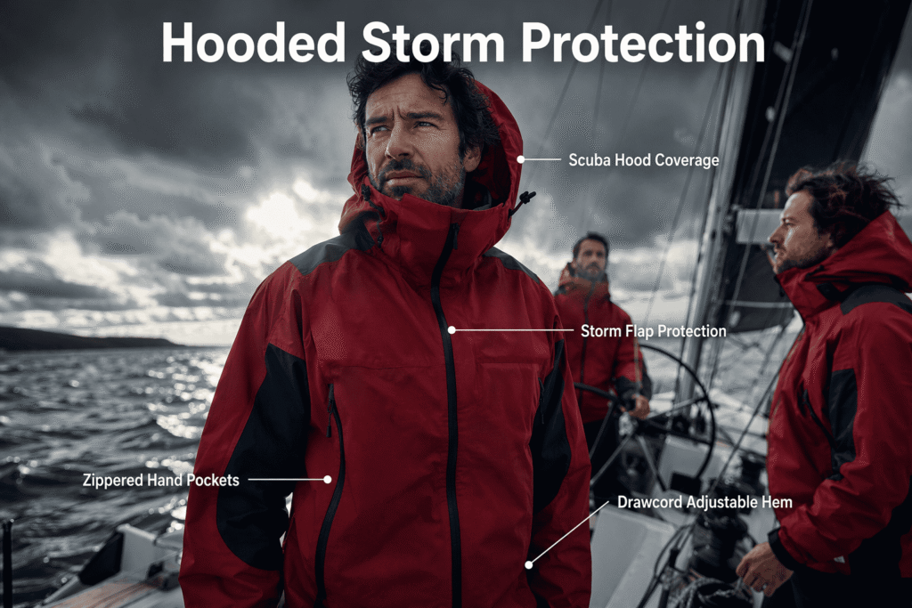 Deep red hooded sailing team jacket with navy contrast panels, scuba hood coverage, storm flap front protection, and drawcord adjustable hem — custom storm-ready team outerwear for offshore sailing crews and winter regattas