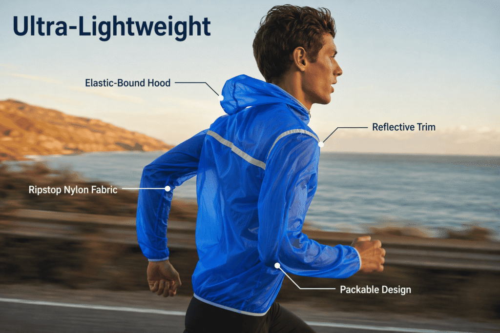 Ultra-lightweight packable team outerwear in cobalt blue with reflective silver trim, ripstop nylon fabric, and elastic-bound hood — custom wind shell for running groups and cycling teams