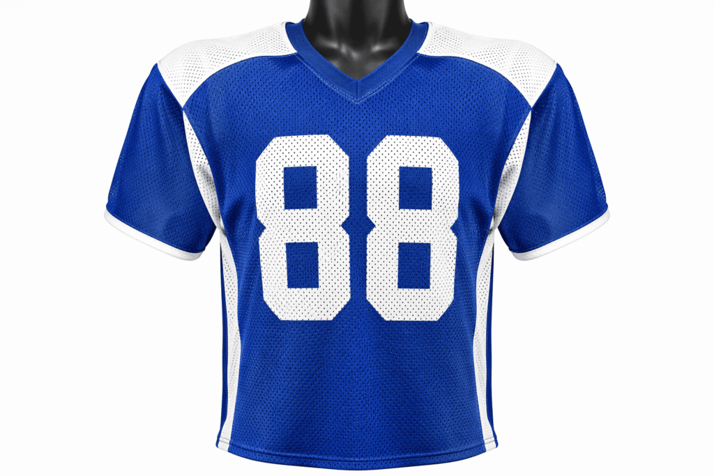 Football practice jersey royal blue with white shoulder yoke and large-hole ventilation mesh panels — custom durable heavy-duty training jersey for high school teams youth leagues and training camp programs