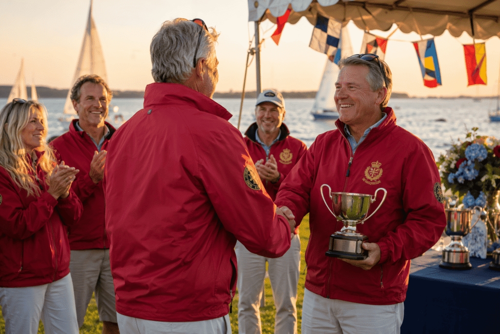 Sailing club members in deep red wind-resistant jackets with gold embroidered crest at waterfront regatta awards ceremony at sunset — custom event jackets for sailing clubs and outdoor maritime gatherings