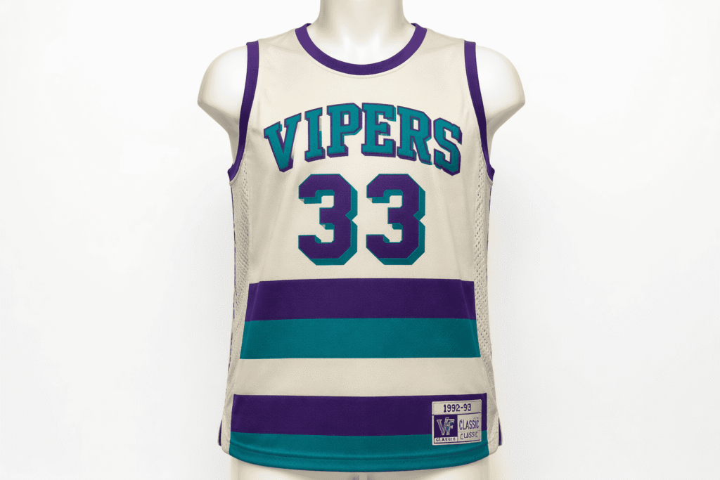 Retro 90s throwback basketball jersey cream off-white with purple and teal horizontal vintage stripe bands — custom old-school basketball uniform for recreational clubs tournaments and retro streetwear fans