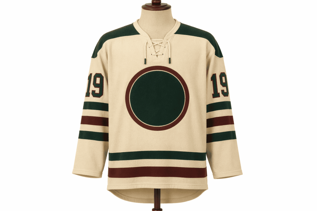 Retro vintage hockey jersey cream off-white with forest green shoulder yoke and burgundy sleeve stripe bands — custom throwback knit-texture lace-up team sweater for recreational leagues throwback night events and retro fan apparel