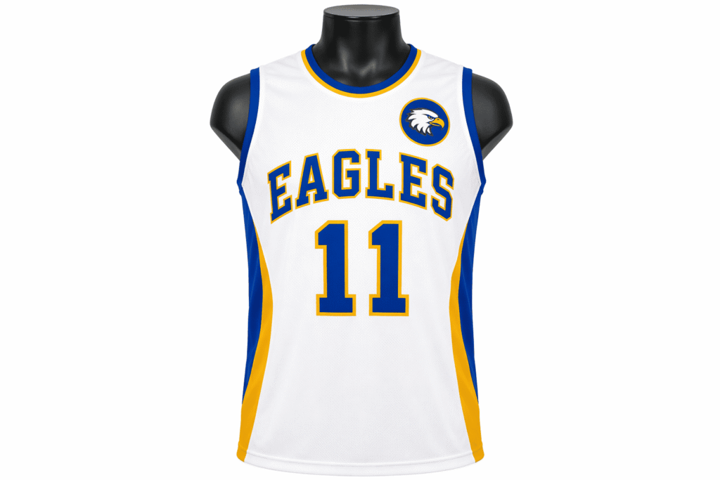 School team volleyball jersey white with royal blue and gold side panels — custom durable lightweight sleeveless uniform with traditional athletic design for high school volleyball teams and training groups