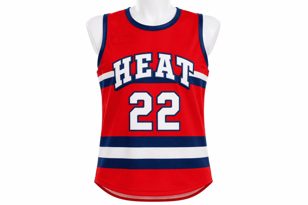 Sleeveless softball jersey scarlet red with white and navy horizontal stripe bands — custom breathable mesh tank top uniform for summer slowpitch leagues weekend tournaments and hot-weather adult softball play