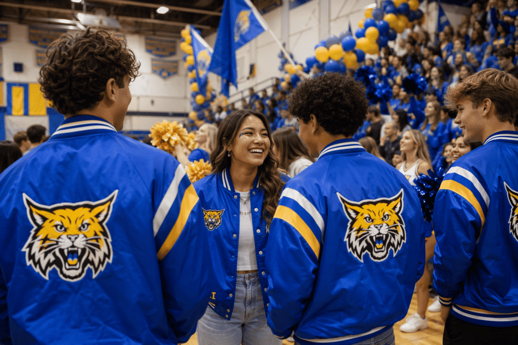 High school students in royal blue bomber team jackets with embroidered mascot back logos cheering at pep rally in decorated gymnasium — custom spirit wear jackets for school teams and youth programs