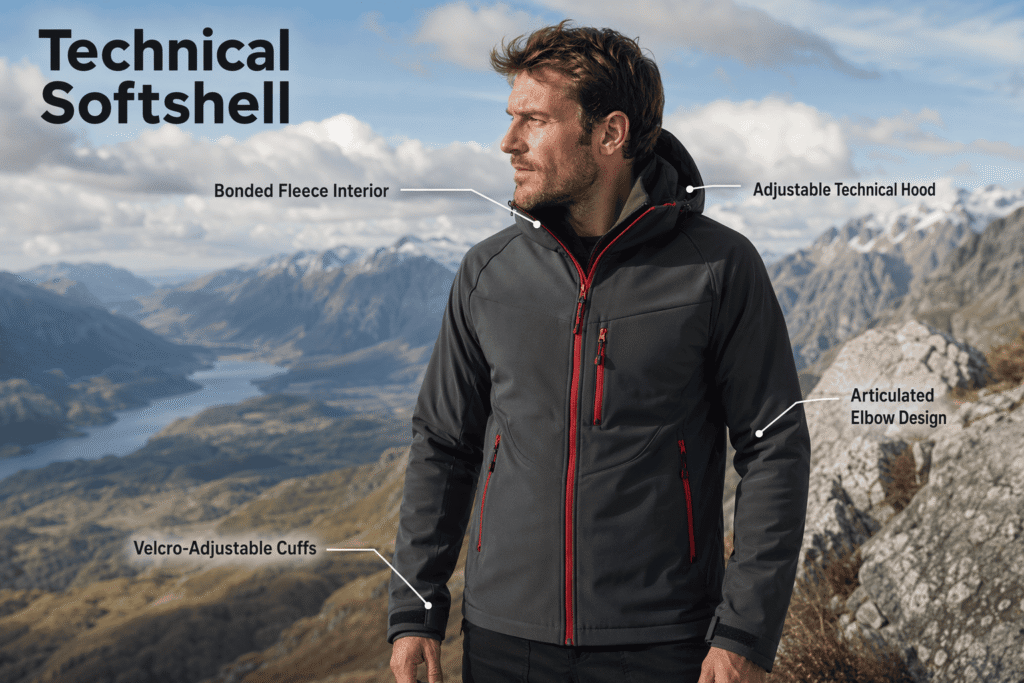 Charcoal gray technical softshell men's team jacket with bonded fleece interior, adjustable hood, articulated elbows, and velcro cuffs — custom outdoor performance team outerwear for corporate and event teams