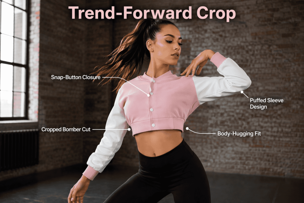 Cropped fitted dance team bomber jacket in blush pink with white contrast sleeves, snap-button closure, puffed sleeves, and body-hugging silhouette — custom trend-forward team outerwear for cheer and street dance teams
