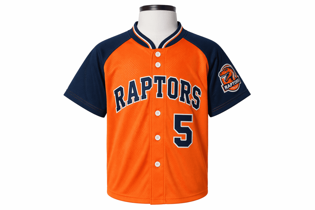 Youth baseball jersey bright orange with navy blue raglan sleeves and reinforced elbow stitching — custom durable Little League team uniform with moisture-wicking fabric for youth baseball teams and school programs