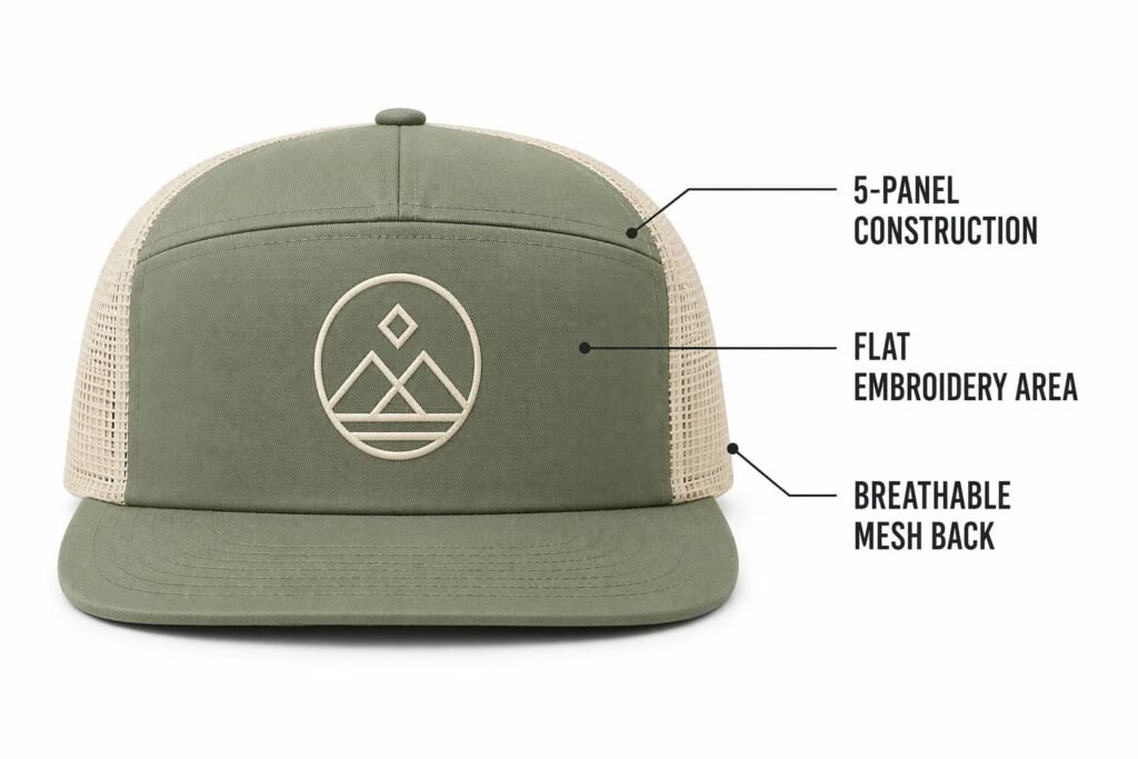 5-panel custom trucker hat in sage green with breathable cream mesh back, single front seam construction, large flat embroidery area for company logo branding, adjustable snap closure, B2B wholesale promotional merchandise headwear