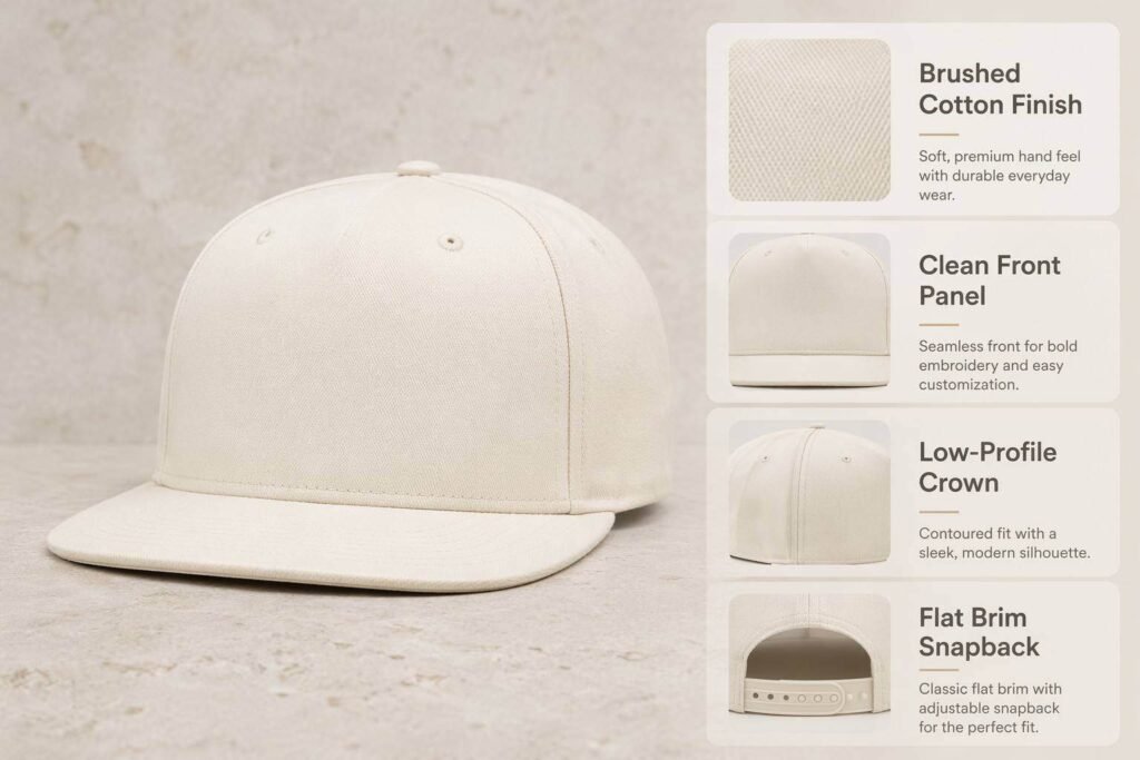 5-panel snapback cap in premium brushed cotton off-white cream with seamless front panel and low-profile structured crown — purpose-built for bold custom logo embroidery, woven patch application, and minimalist brand identity on a flat-brim snapback silhouette.