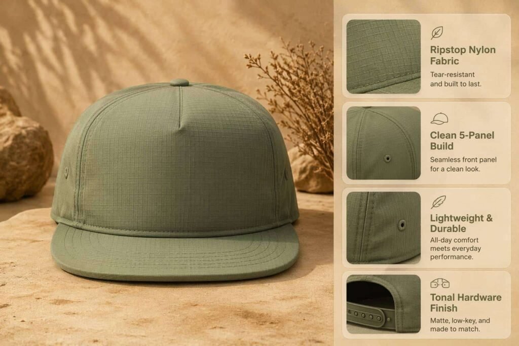 5-panel snapback cap in lightweight ripstop nylon sage green with subtle crosshatch weave texture and seamless front panel — an outdoor-inspired streetwear silhouette for technical brands, adventure lifestyle labels, and custom logo embroidery with durable flat-brim construction.