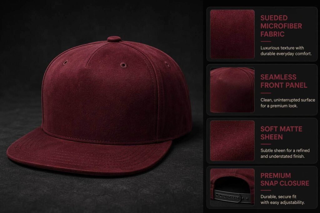 5-panel snapback cap in deep burgundy sueded microfiber with seamless front panel and soft matte sheen — a luxe streetwear essential for premium brand embroidery, woven patches, and limited-edition collaborative merchandise drops with flat brim and tonal hardware.