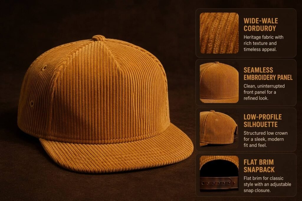 5-panel snapback cap in golden mustard wide-wale corduroy with seamless front panel and rich vertical cord texture — a 90s heritage streetwear classic for retro-inspired brands, woven patch customization, and bold logo embroidery on a flat-brim low-profile silhouette with tortoise-shell snap closure.