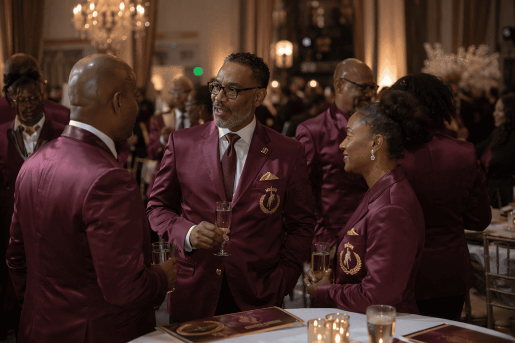 Social club members in burgundy satin-finish jackets with gold embroidered event crest and founding year at indoor gala with chandeliers — custom event jackets for club galas and formal member events