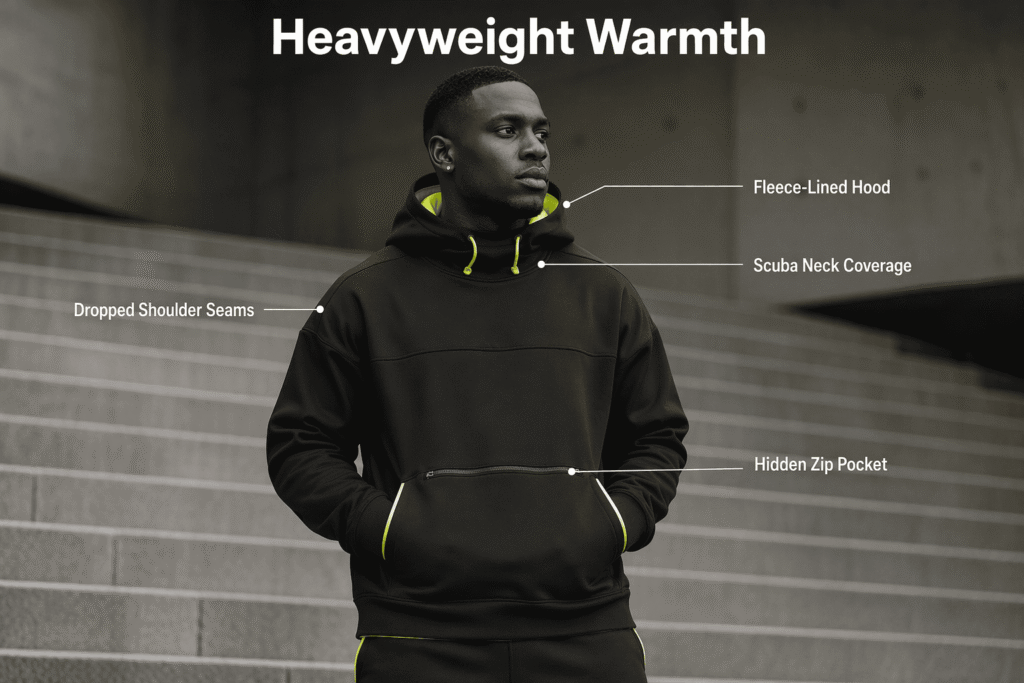 Hooded athletic team jacket in charcoal black with neon volt accents, heavyweight fleece-lined hood, scuba neck, and hidden zip pocket — custom cold-weather team outerwear for baseball and street-style teamwear