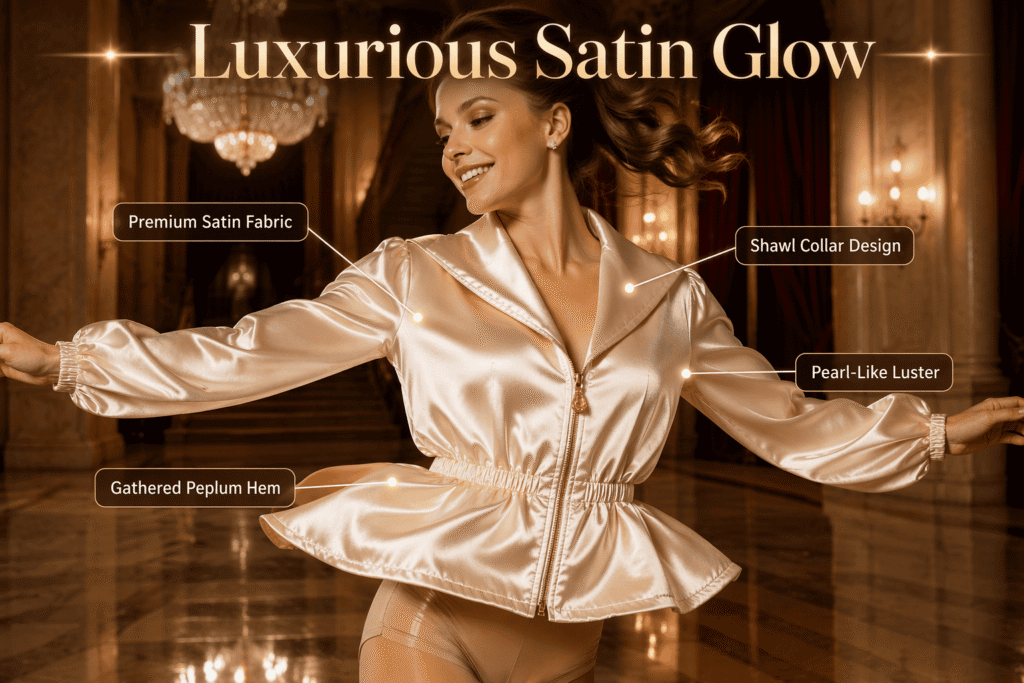 Champagne gold satin dance team jacket with pearl-like luster, gathered peplum hem, and shawl collar design — custom luxurious stage-ready teamwear for ballet and lyrical dance companies