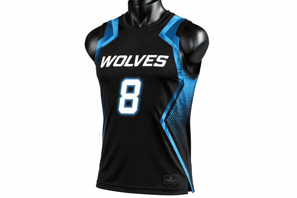 Modern performance cut basketball jersey black with electric cyan geometric chevron panel inserts and laser-cut ventilation — custom lightweight four-way stretch basketball uniform for men's women's and youth competitive teams