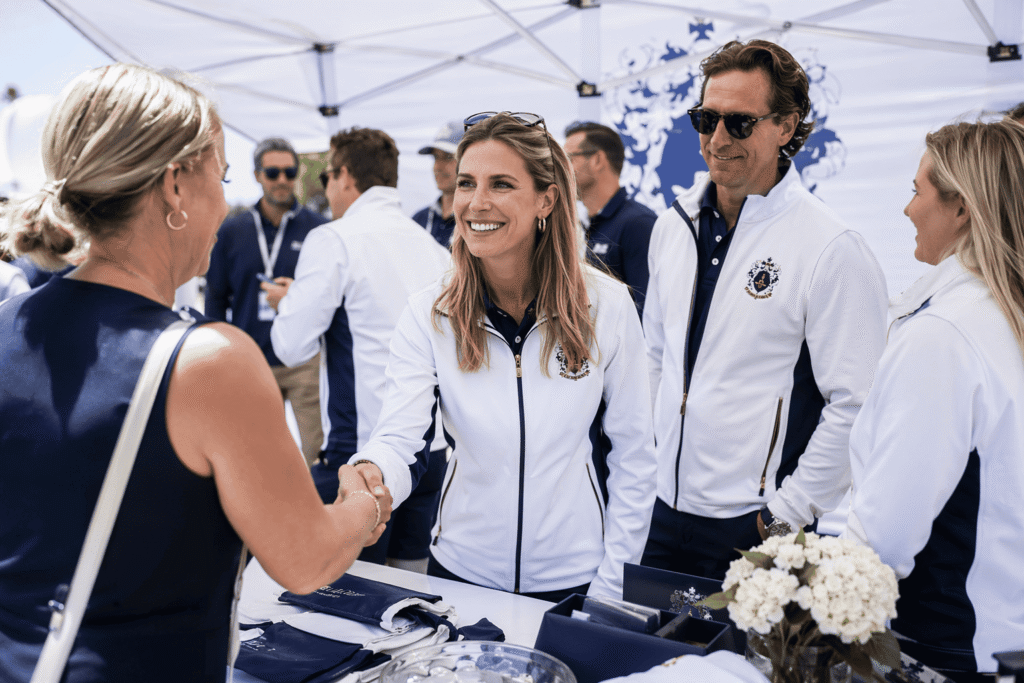 Corporate staff in white team jackets with navy contrast panels and embroidered crest networking at outdoor promotional event under branded tent — custom promotional jackets for corporate events and brand activation