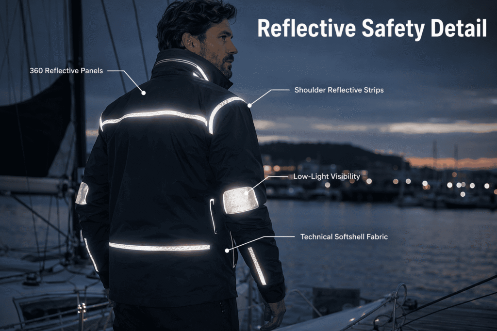 Navy blue sailing team jacket with 360-degree silver reflective safety panels, shoulder reflective strips, and technical softshell fabric — custom high-visibility team outerwear for night sailing and low-light maritime conditions