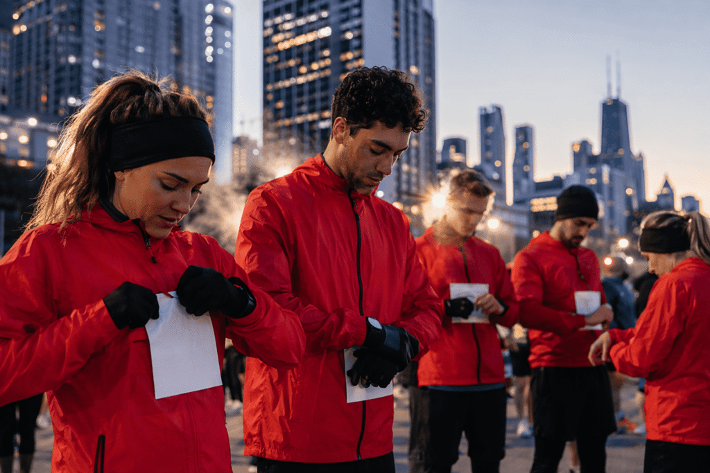 Running club members in bright red windbreaker team jackets at city marathon start line at dawn, pinning bib numbers — custom team jackets for running clubs and race-day travel