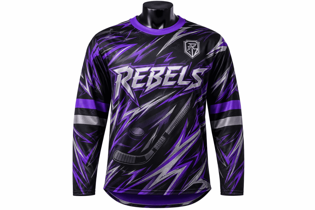 Sublimated fan merchandise hockey jersey charcoal black with electric purple and silver tribal pattern all-over print — custom lightweight streetwear-fit jersey for branded fan apparel hockey clubs and supporter merchandise programs