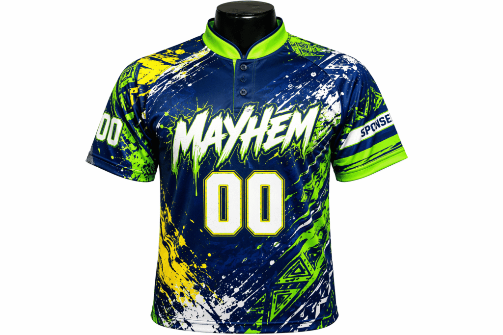 Full sublimation softball jersey navy blue with neon green and yellow paint-splash tribal graphic all-over print — custom sublimated team uniform with graffiti-inspired design for club teams weekend tournaments and competitive adult softball