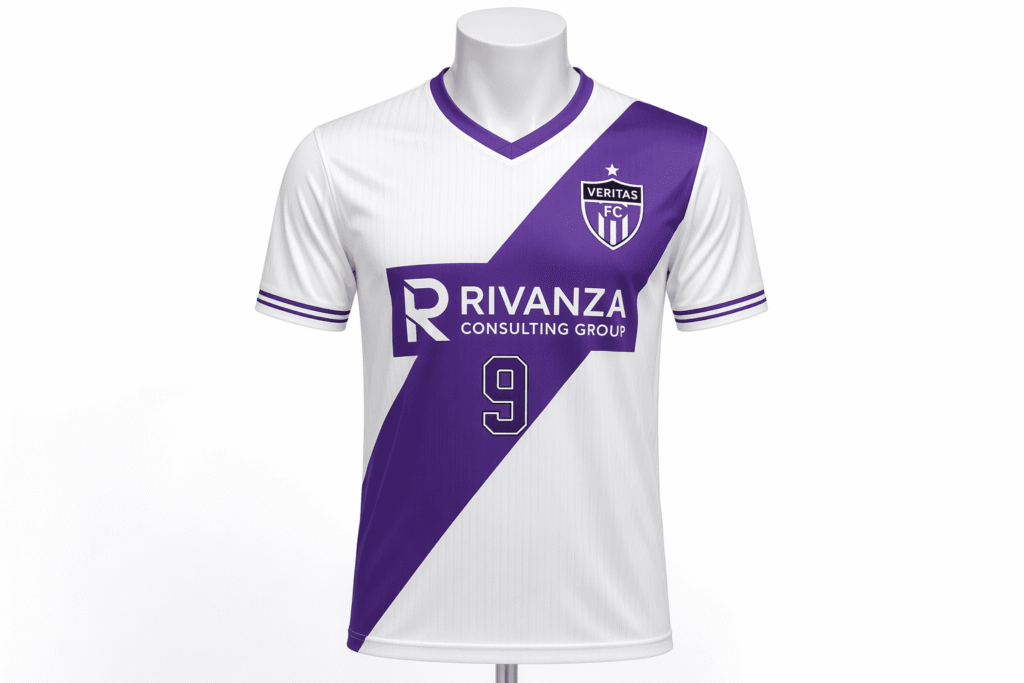 Tournament corporate soccer jersey white with bold purple diagonal sash design — custom lightweight team uniform with prominent sponsor logo placement for corporate soccer events charity tournaments and recreational leagues