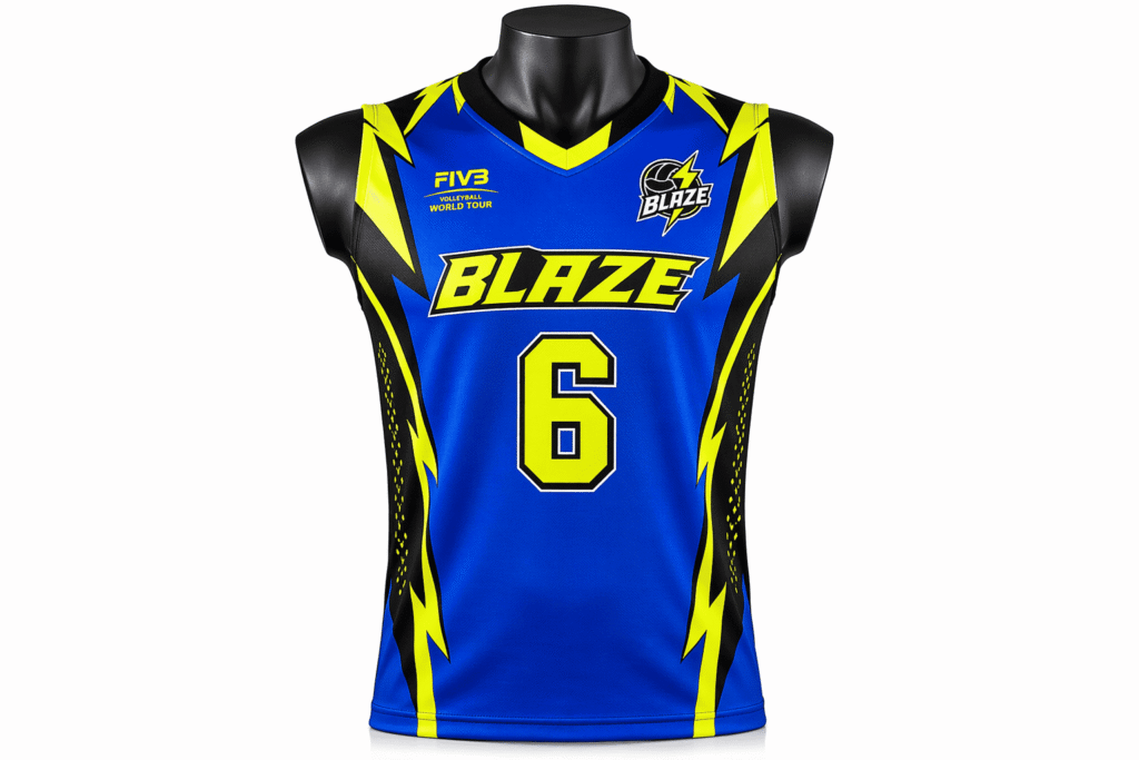 Tournament volleyball jersey electric blue with neon yellow lightning bolt panels and laser-cut ventilation — custom ultra-lightweight performance sleeveless uniform for volleyball tournament teams and competitive club play