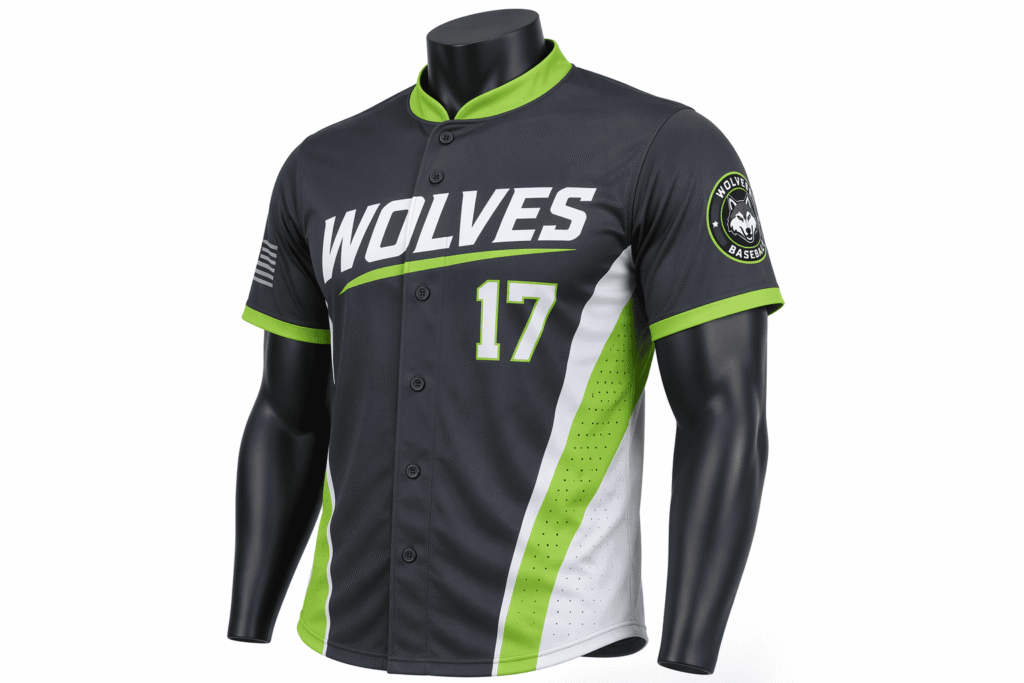 Travel team performance baseball jersey charcoal grey with lime green curved side panels and laser-cut ventilation — custom lightweight four-way stretch team uniform for travel baseball teams tournaments and elite competition