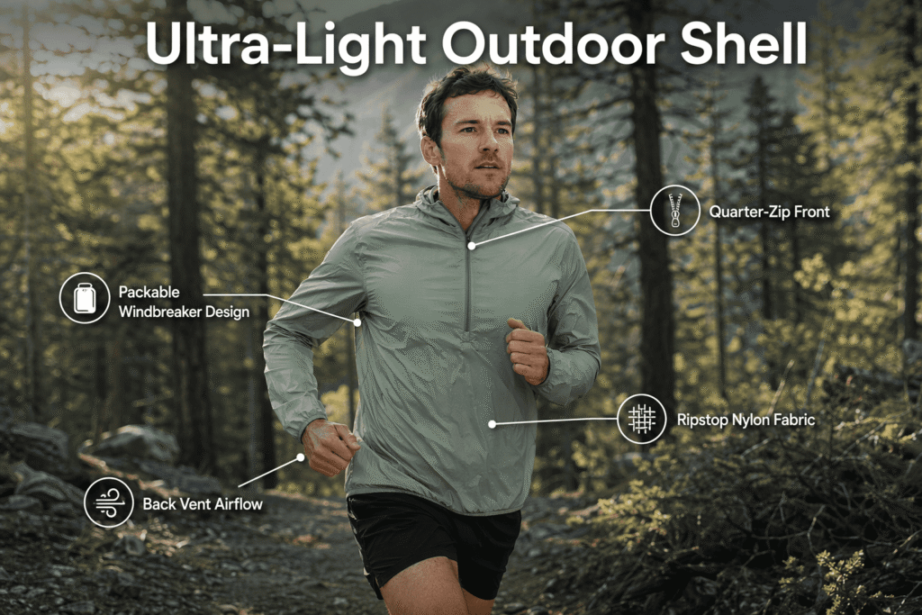 Sage green ultra-lightweight men's outdoor team jacket with packable windbreaker design, quarter-zip front, back vent airflow, and ripstop nylon fabric — custom lightweight team outerwear for outdoor events and active programs