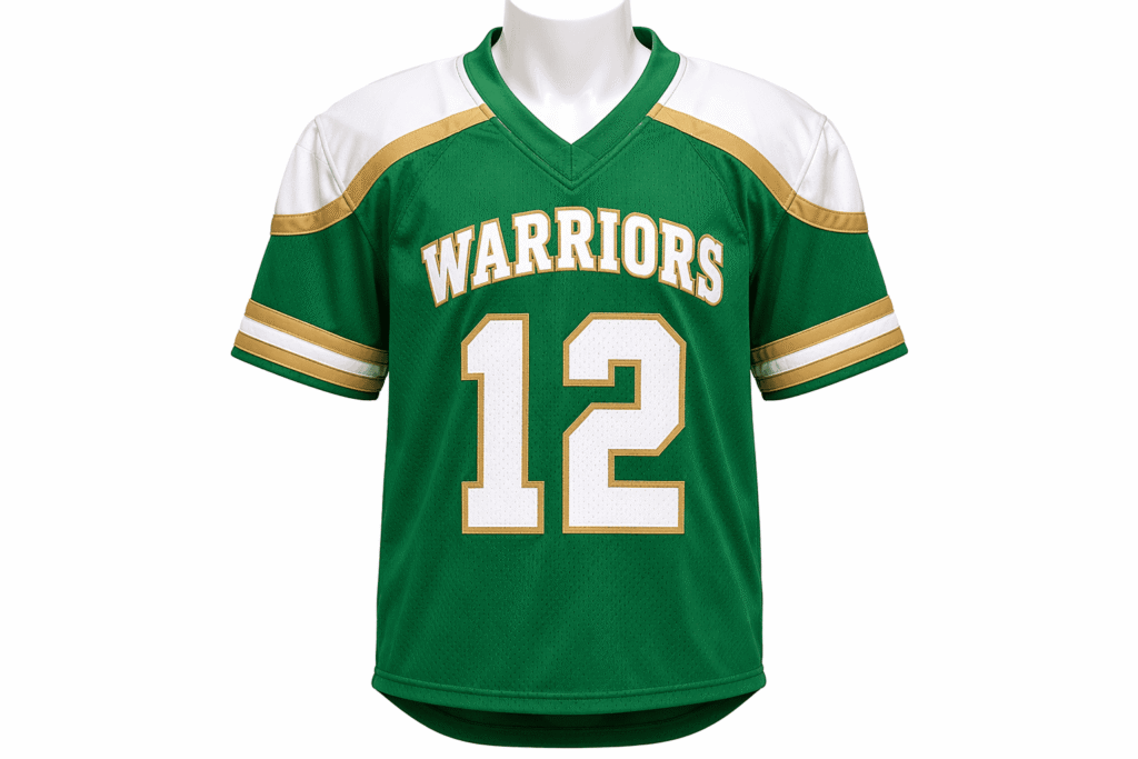 Youth football jersey Kelly green with white and gold contrast shoulder yoke design — custom durable team uniform with reinforced stitching for youth football leagues flag football teams and junior training programs
