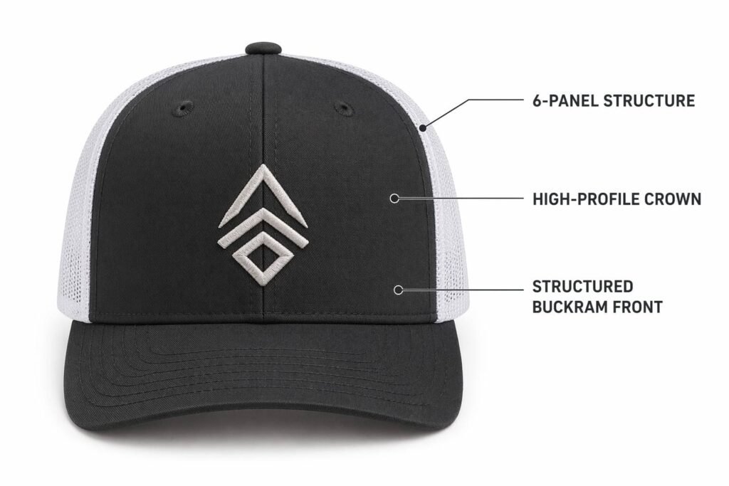 6-panel structured high-profile trucker hat in charcoal black with white mesh back, tall crown with buckram support for firm silhouette, embroidered logo panel, custom corporate team merchandise headwear for B2B bulk orders