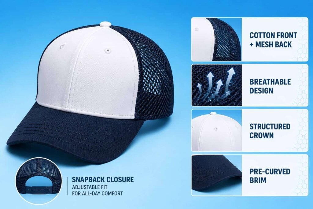 6-panel baseball cap with clean white cotton front panels and breathable navy mesh back, structured crown, pre-curved navy brim, and adjustable snap closure — a lightweight ventilated classic for sports events, outdoor promotional campaigns, summer corporate giveaways, and custom logo screen-printing on the solid front panel.