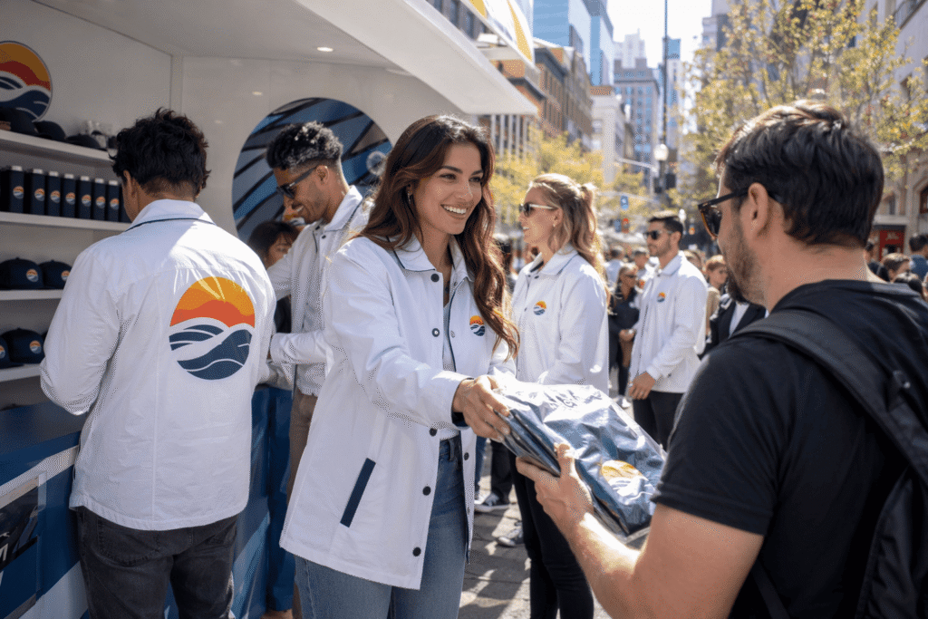 Brand promotional team in white coach-style jackets with embroidered campaign logo and bold back print distributing merchandise at outdoor street activation — custom event jackets for branded promotional campaigns and pop-up events