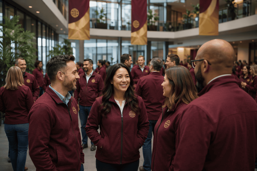 Multi-location corporate staff in burgundy team jackets with gold embroidered company logo at headquarters annual meeting in modern atrium — custom branded apparel jackets for company-wide programs and corporate identity