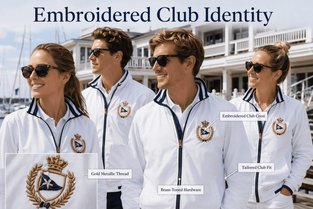 Crisp white sailing team jacket with navy trim and embroidered yacht club crest in gold metallic thread, tailored club fit, and brass-toned hardware — custom premium club outerwear for yacht clubs and marina staff uniforms