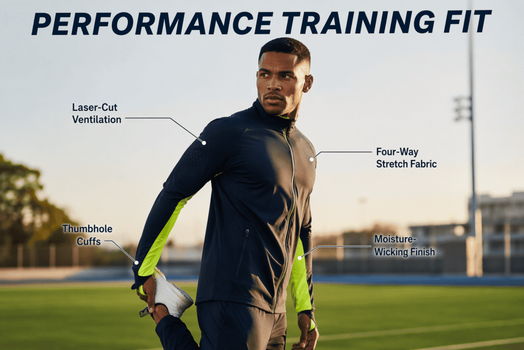 Dark navy performance training men's team jacket with lime green accents, four-way stretch fabric, laser-cut ventilation, thumbhole cuffs, and moisture-wicking finish — custom high-performance team outerwear for athletic training and sports clubs