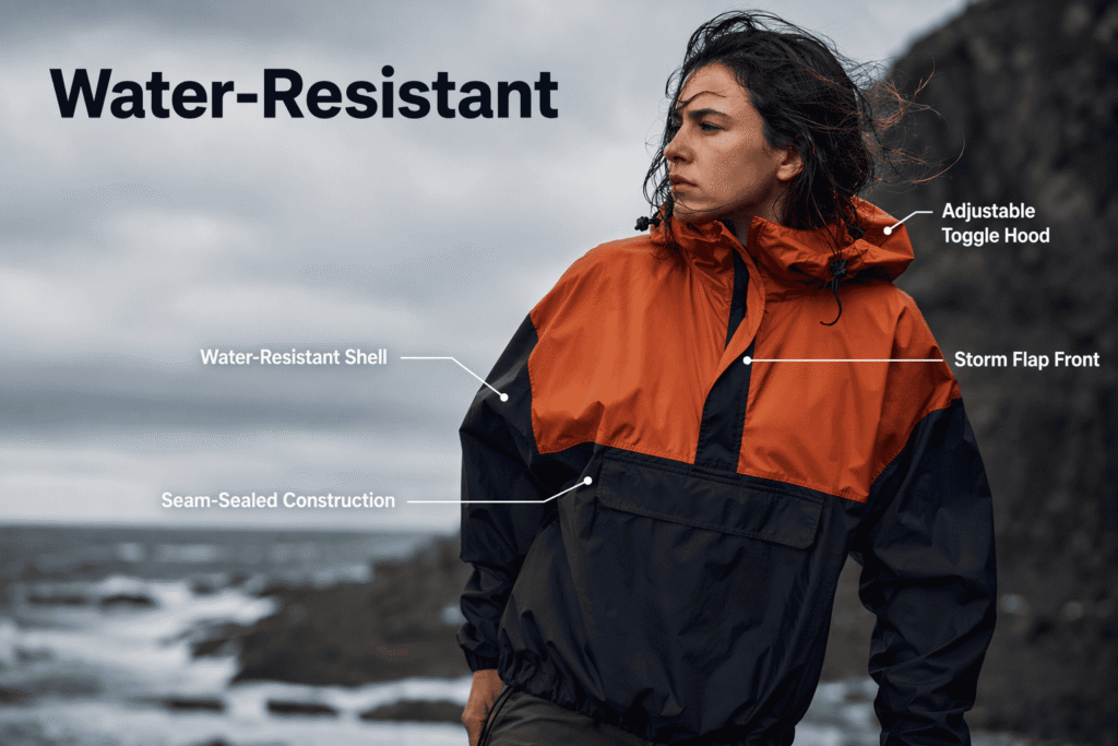 Water-resistant windbreaker team jacket in burnt orange and navy color-block anorak design, seam-sealed nylon shell, storm flap front, and adjustable toggle hood — custom outdoor team outerwear for sailing and adventure sports