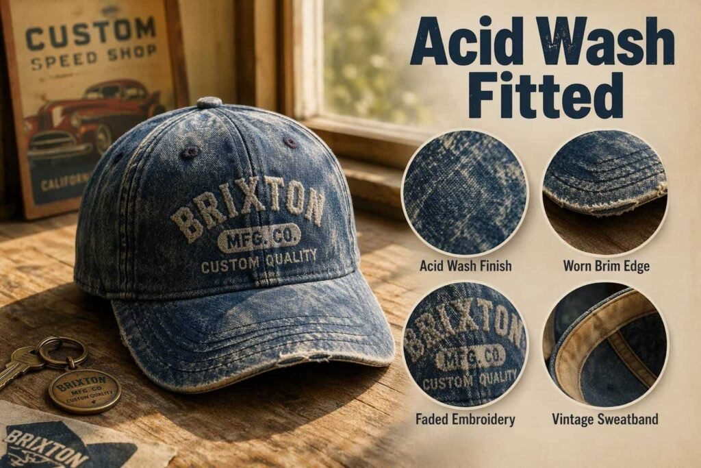 Faded indigo acid washed vintage fitted hat with distressed brim edge, faded embroidery, and retro sweatband — 90s retro style custom baseball cap for lifestyle brands and vintage-inspired apparel collections