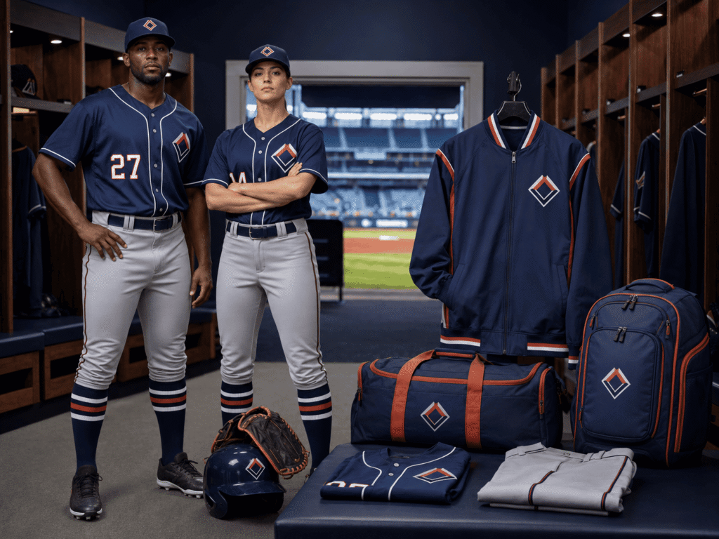 Complete custom baseball team uniform package with jerseys, pants, socks, jacket, duffel bag and backpack in a professional stadium locker room.