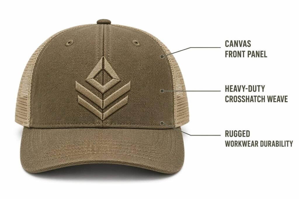 canvas custom trucker hat in military khaki with sand mesh back, heavy-duty plain-weave crosshatch texture, rugged workwear durability, embroidered logo, wholesale B2B promotional headwear for outdoor brands construction and industrial corporate merchandise